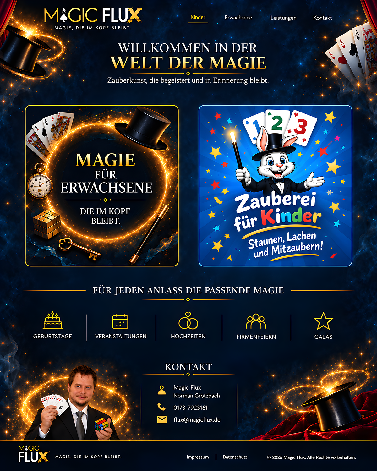Magic FLUX – Die Welt der Magie. Kinder und Erwachsene als Zielgruppen, Leistungen für Geburtstage, Veranstaltungen, Hochzeiten, Firmenfeiern und Galas sowie Kontakt zu Norman Grötzbach mit Telefon 0173-7923161 und E-Mail flux@magicflux.de.